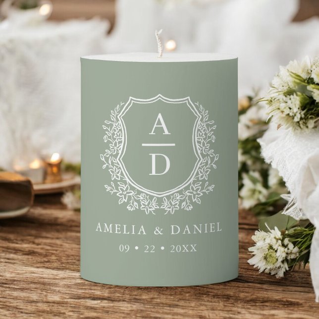 Sage Green Crest Modern Monogram Wedding  Pillar Candle (Creator Uploaded)