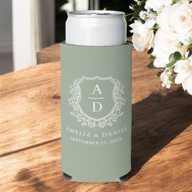 Sage Green Crest Modern Monogram Wedding  Seltzer Can Cooler (Creator Uploaded)
