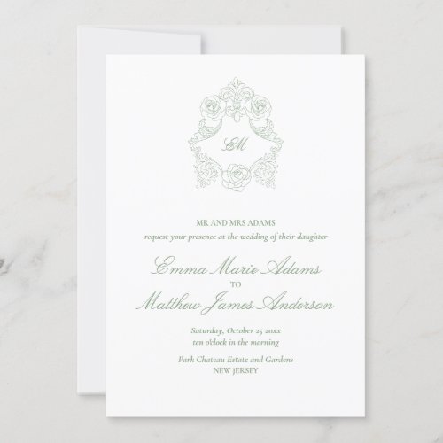 Sage Green Crest Monogram Classic Wedding Invitation