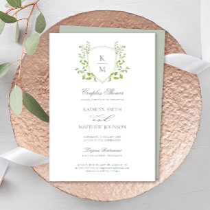 Sage Green Crest Monogram Modern Couples Shower Invitation
