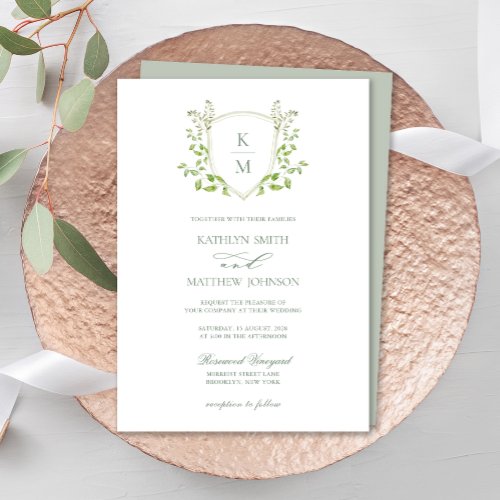 Sage Green Crest Monogram Modern Greenery Wedding Invitation
