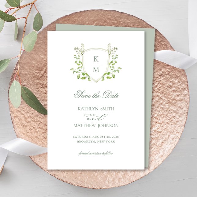 Sage Green Crest Monogram Modern Greenery Wedding Save The Date (Creator Uploaded)