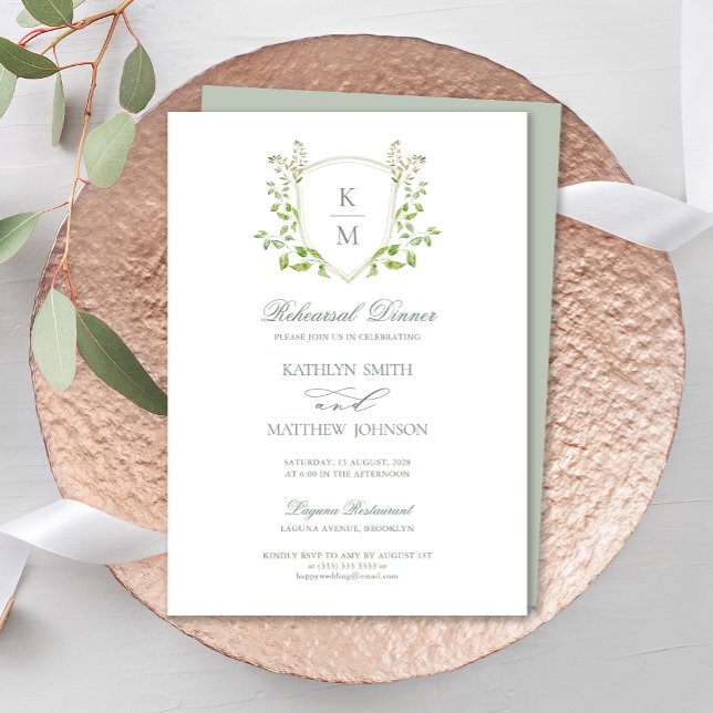 Sage Green Crest Monogram Modern Rehearsal Dinner Invitation (Creator Uploaded)