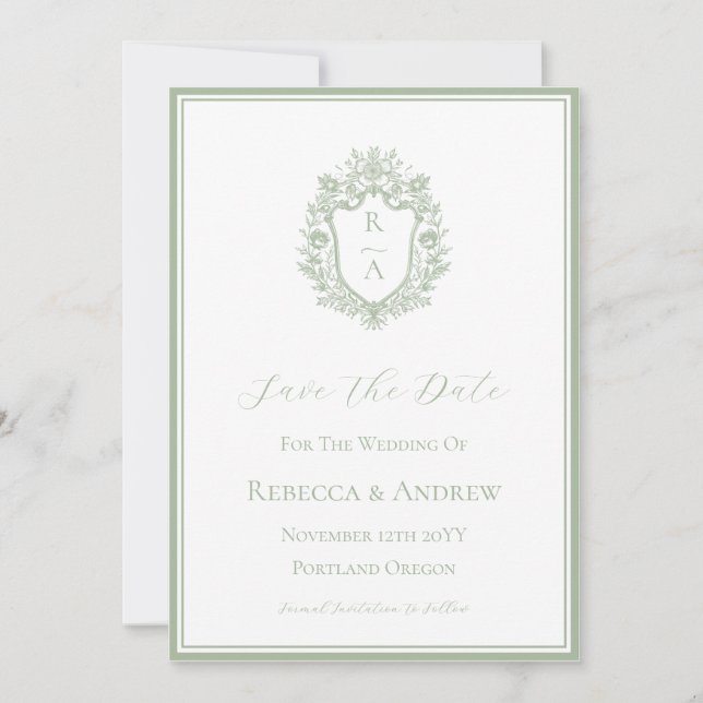 Sage Green Crest Monogram & Photo  Save The Date (Front)