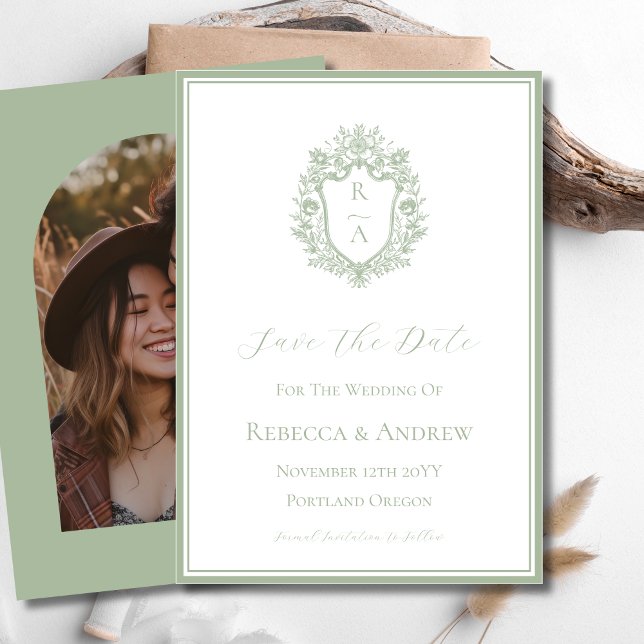 Sage Green Crest Monogram & Photo  Save The Date (Creator Uploaded)