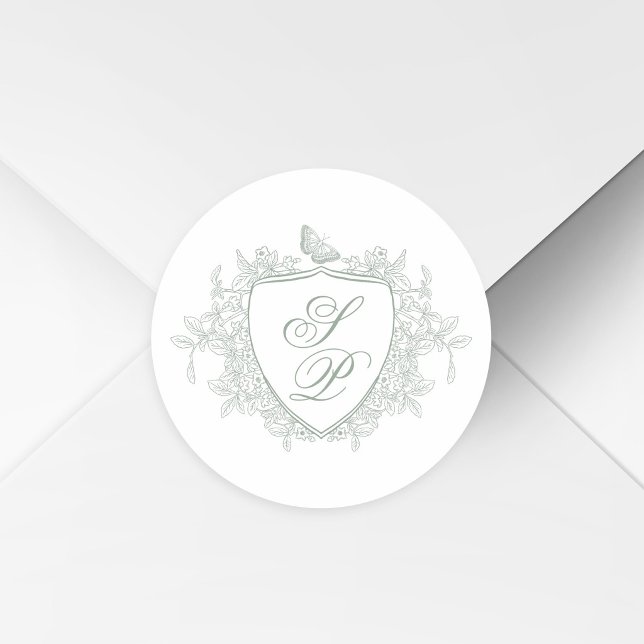 Sage green crest monogram wedding classic round sticker (Creator Uploaded)