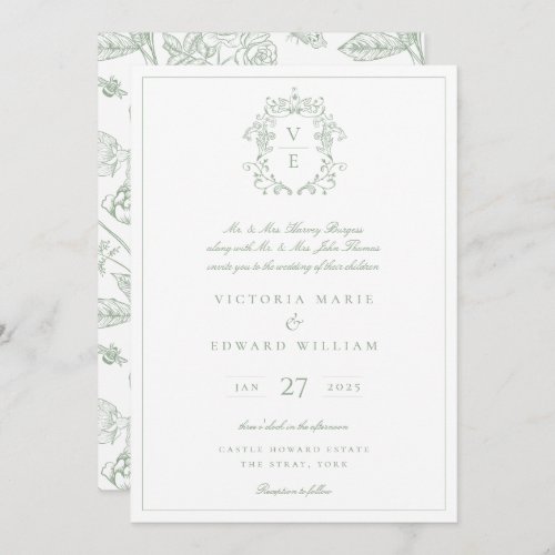 Sage Green Crest Monogram Wedding Invitation