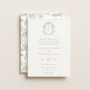Sage Green Crest Monogram Wedding Invitation
