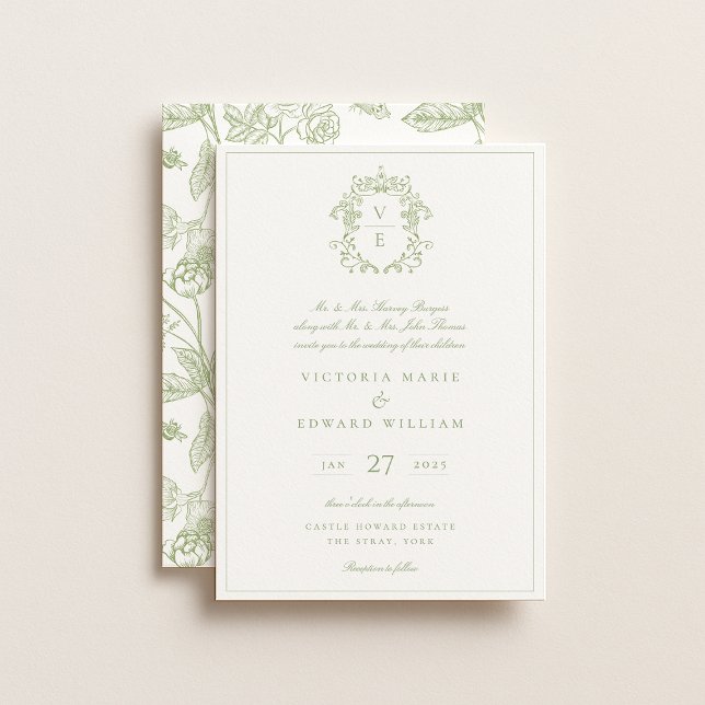 Sage Green Crest Monogram Wedding Invitation (Creator Uploaded)