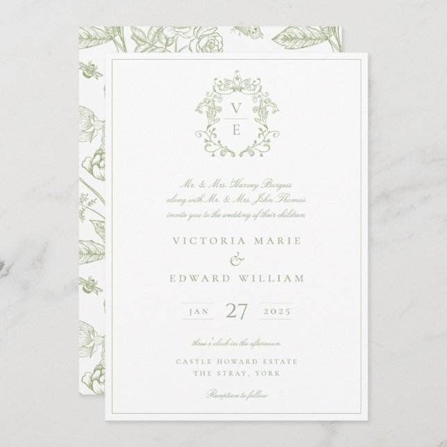 Sage Green Crest Monogram Wedding Invitation (Front/Back)