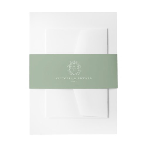 Sage Green Crest Monogram Wedding Invitation Belly Band