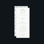 Sage Green Crest Monogram Wedding Menu<br><div class="desc">Vintage Sage Green Crest monogram,  wedding menu. Vintage inspired Baroque style crest with coordinating sage typography. Features,  elegant Chinoiserie Style garden floral pattern backing.</div>