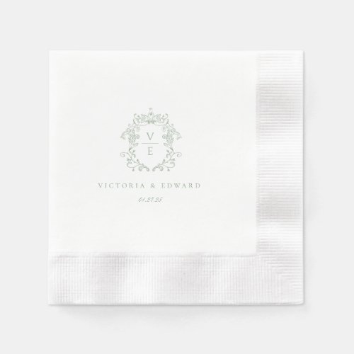 Sage Green Crest Monogram Wedding Napkins