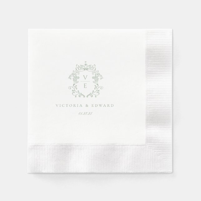 Sage Green Crest Monogram Wedding Napkins (Front)