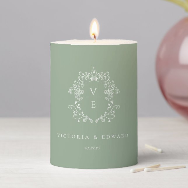 Sage Green Crest Monogram Wedding Pillar Candle (In Situ)