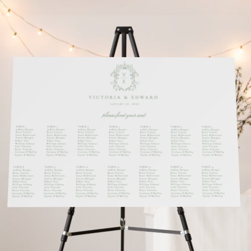 Sage Green Crest Monogram Wedding Seating Chart Foam Board