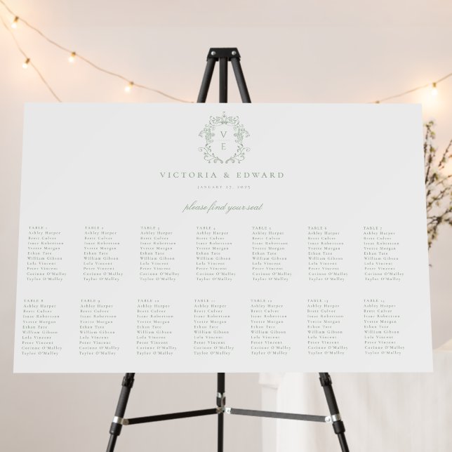 Sage Green Crest Monogram Wedding Seating Chart Foam Board (In Situ (Stand))