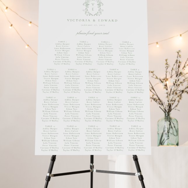 Sage Green Crest Monogram Wedding Seating Chart Foam Board (In Situ (Stand))
