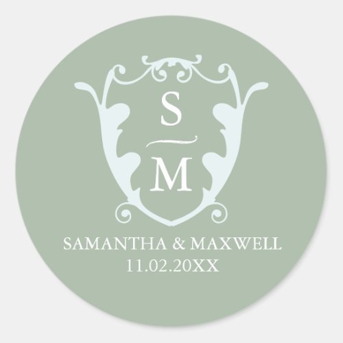 Sage Green Crest Monogram Wedding Stickers