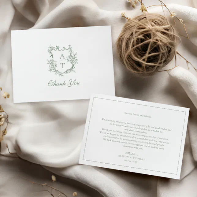 Sage Green Crest Monogram Wedding Thank You Card | Zazzle