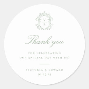Sage Green Crest Monogram Wedding Thank You Classic Round Sticker