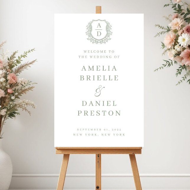 Sage Green Crest Monogram Wedding Welcome Sign (Creator Uploaded)