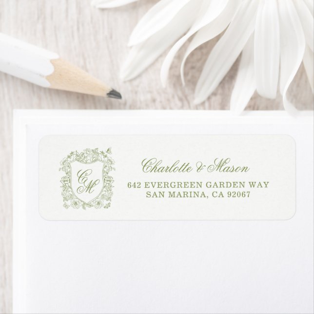 Sage Green Crest Wedding Return Address Labels (Insitu)
