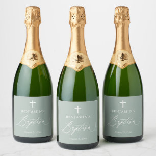 Sage Green Cross Baptism Sparkling Wine Bottle Lab Label