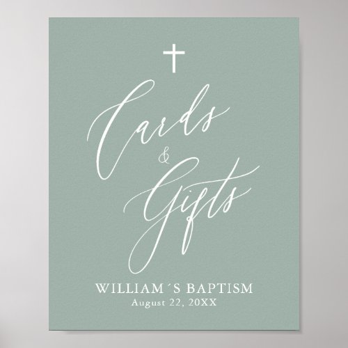 Sage Green Cross Boy Baptism Cards  Gifts Poster