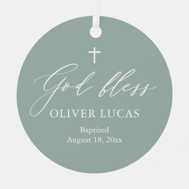 Sage Green Cross Boy Baptism Ceramic Ornament (Front)