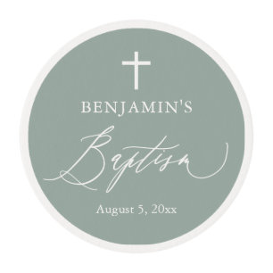 Sage Green Cross Boy Baptism Edible Frosting Round