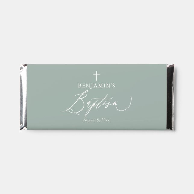 Sage Green Cross Boy Baptism Hershey Chocolate Bar (Front)
