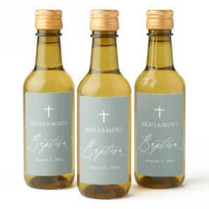 Sage Green Cross Boy Baptism Mini Wine Label