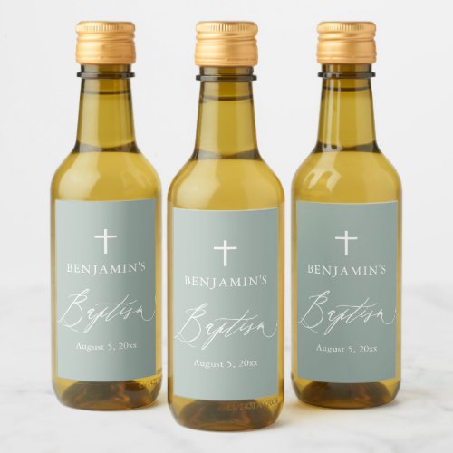 Sage Green Cross Boy Baptism Mini Wine Label
