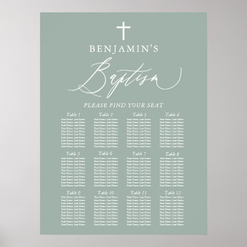 Sage Green Cross Boy Baptism Seating Chart Sign
