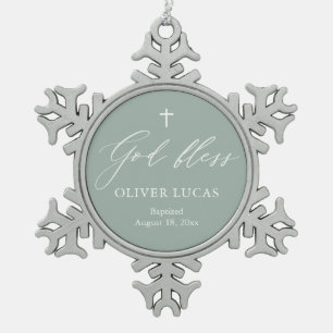 Sage Green Cross Boy Baptism Snowflake Ornament
