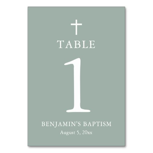 Sage Green Cross Boy Baptism Table Number Card