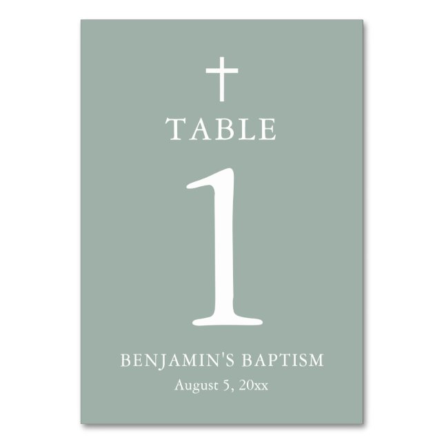 Sage Green Cross Boy Baptism Table Number Card (Front)