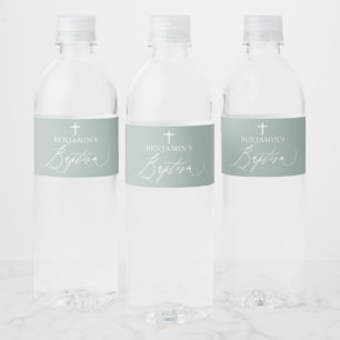 Sage Green Cross Boy Baptism Water Bottle Label