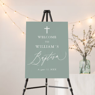 Sage Green Cross Boy Baptism Welcome Foam Board