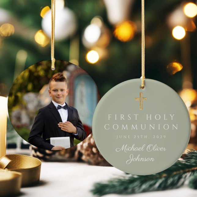 Sage Green Cross Boy First Communion Photo  Ceramic Ornament (Sage Green Cross Boy First Communion Photo Ceramic Ornament)