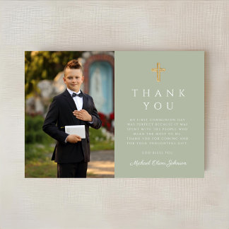 Sage Green Cross Boy First Communion Photo Thank You Card