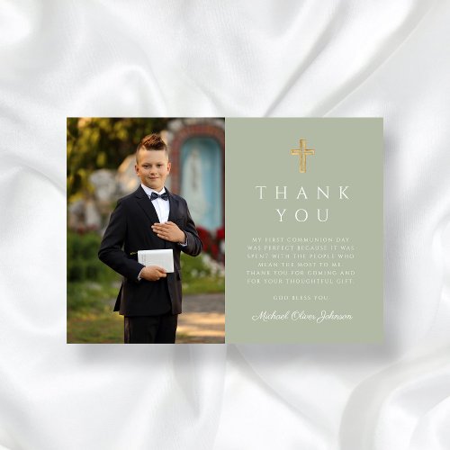 Sage Green Cross Boy First Communion Photo Thank You Card