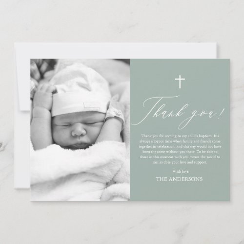 Sage Green Cross Boy Photo Baptism Thank You Card