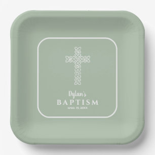 Sage Green Cross Communion Baptism Christening Paper Plates