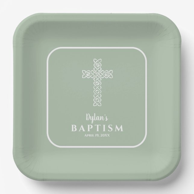 Sage Green Cross Communion Baptism Christening Paper Plates (Front)