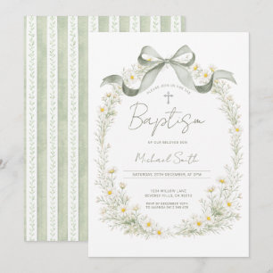 Sage Green Cross Daisy Baptism Invitation