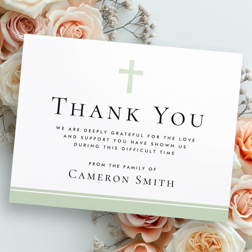 Sage green cross funeral sympathy thank you card