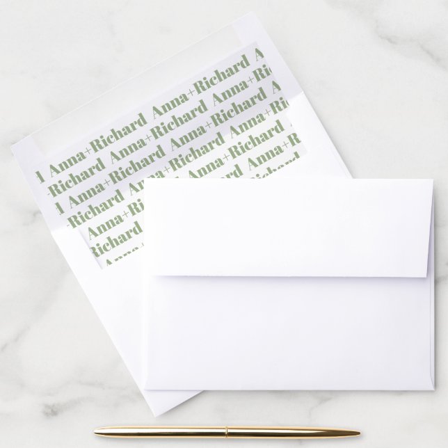 Sage green custom bold typography names wedding envelope liner (Desk)