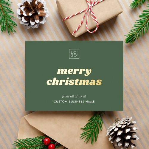 Sage Green Custom Business Logo Merry Christmas Foil Holiday Card